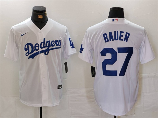 Men's Los Angeles Dodgers #27 Trevor Bauer White Stitched Baseball Jersey
